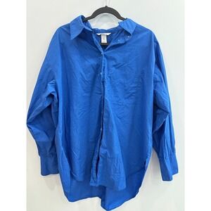 H&M Large Blue Oversized Button-Up Shirt 100% Cotton Long Sleeve Coastal Cool